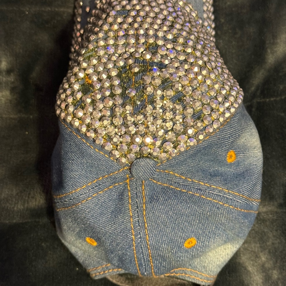 Distressed Blue Denim Women’s Adjustable Cap Rhinestone Embellished Fashion Hat - Picture 4 of 7